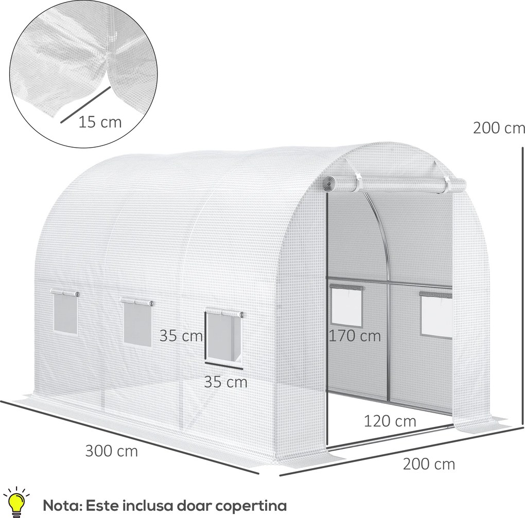 Outsunny Folie pentru Seră cu 12 Ferestre, Ușă Rulabilă și Margini Îngropate, 3x2x2 m, Alb | Aosom Romania