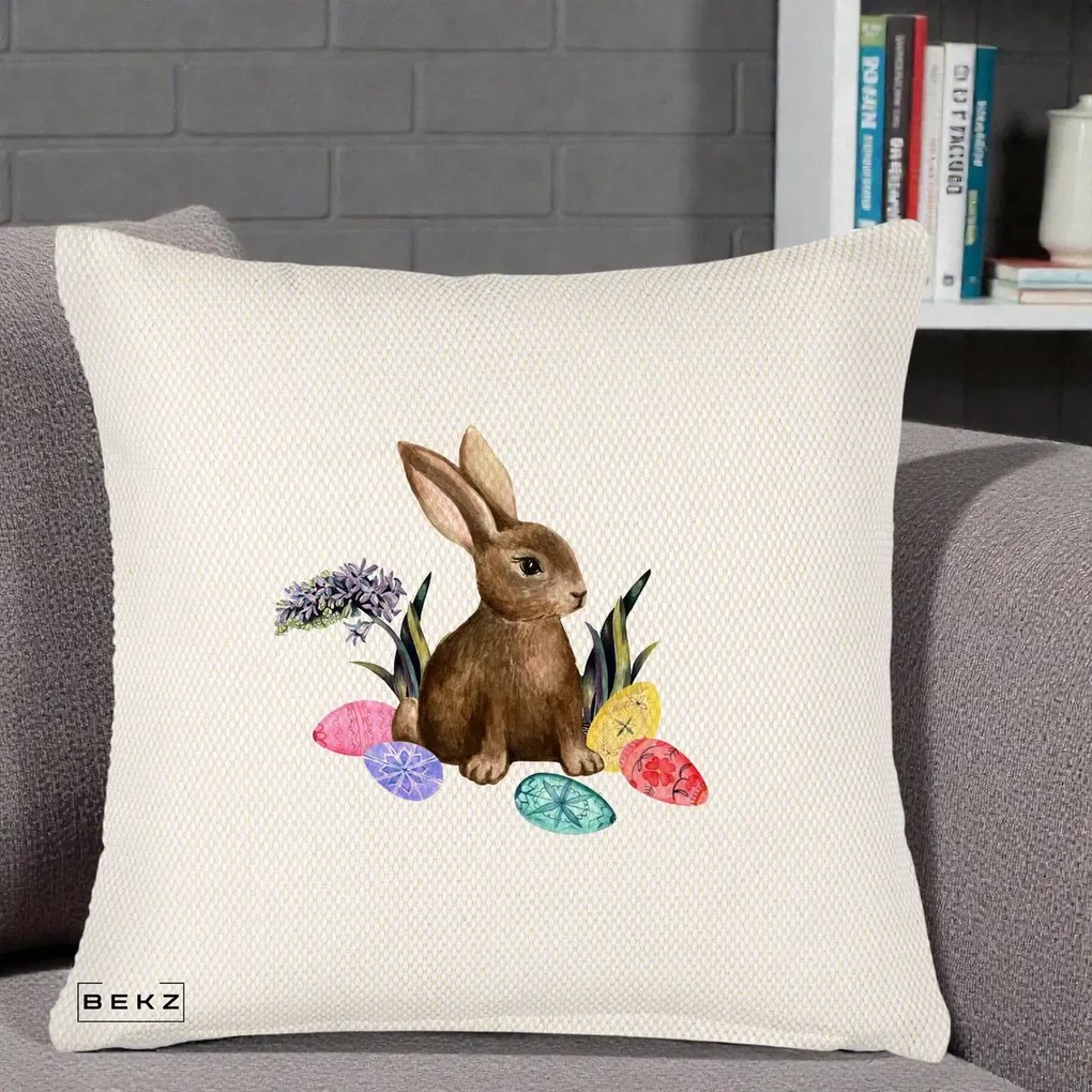 Perna Decorativa Iepuras cu Oua de Pasti Acuarela, 40x40 cm, Crem Reliefat, Husa Detasabila, Perna Inclusa, BEKZ®