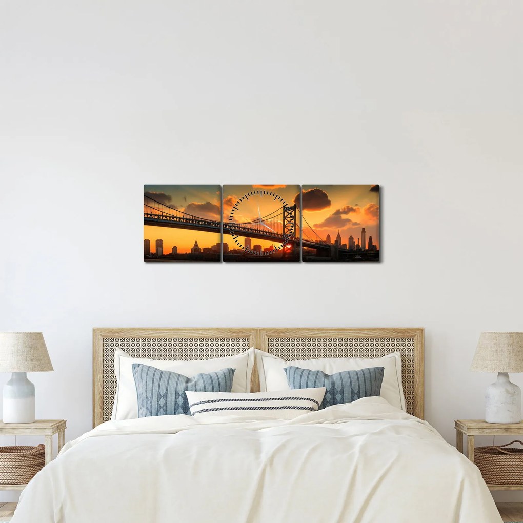 Tablou - Apus de soare peste Podul Ben Franklin, Philadelphia (cu ceas) (90x30 cm)