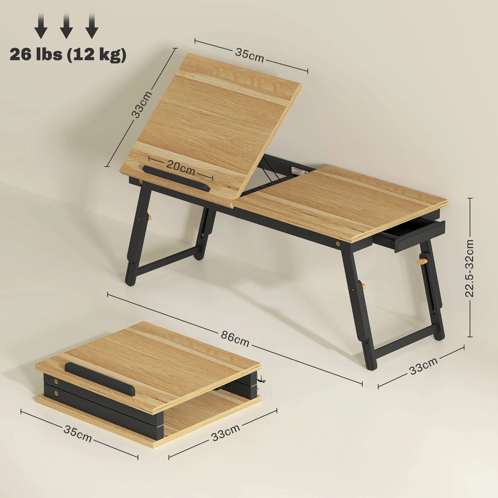 HOMCOM Suport Laptop Înclinabil, cu Înălțime Reglabilă și Sertar Lateral, 86x33x22,5-32 cm, Negru | Aosom Romania
