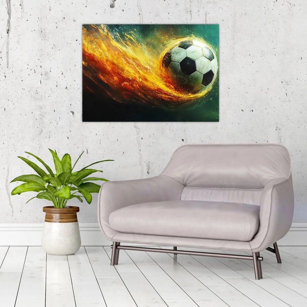 Tablou pe sticlă - Minge de Fotbal în Zbor (70x50 cm)