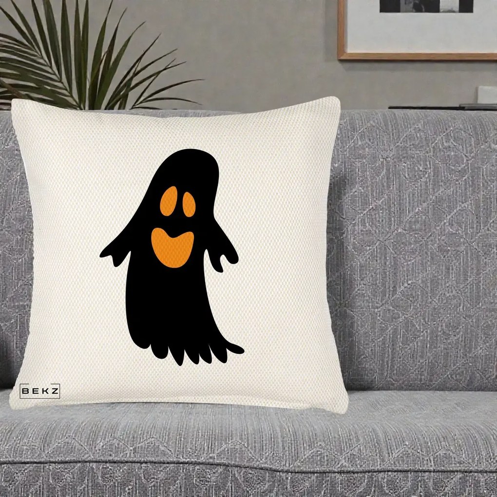 Perna Decorativa Halloween Fantoma Neagra cu Ochi Portocalii, 40x40 cm, Crem Reliefat, Husa Detasabila, Perna Inclusa, BEKZ®