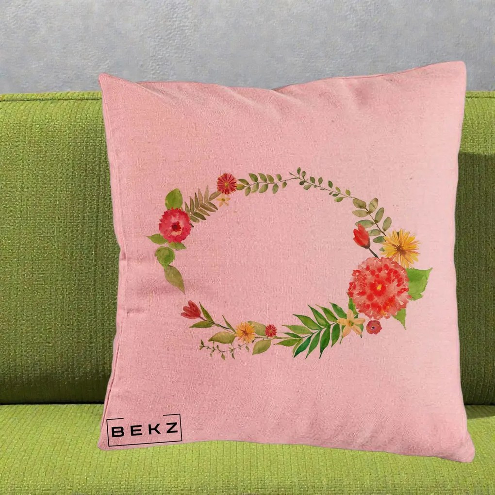 Perna Decorativa Coroana Florala Acuarela, 40x40 cm, Roz, Husa Detasabila, Perna Inclusa, BEKZ®