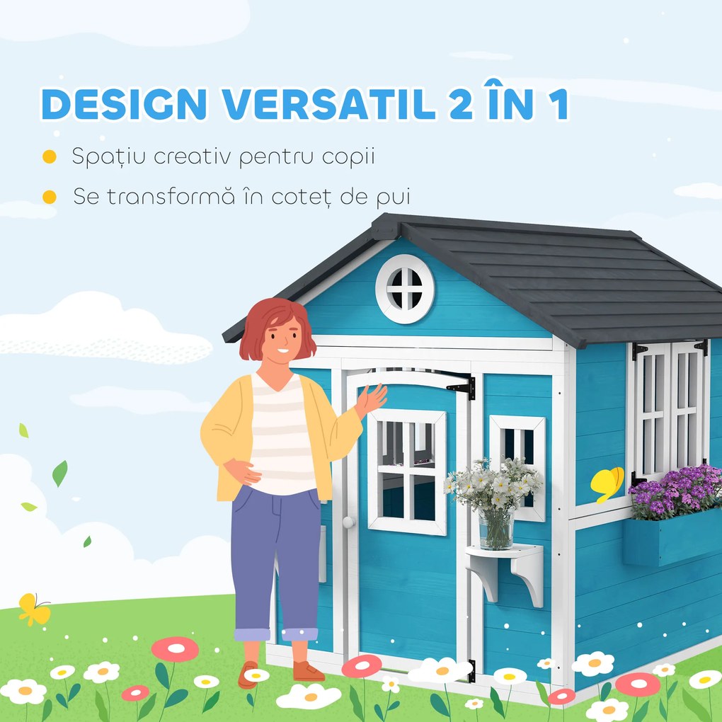 Outsunny Căsuță de Joacă din Lemn cu Uși, Ferestre, Ghivece și Jardiniere pentru Copii 3-8 Ani, Maro Închis | Aosom Romania