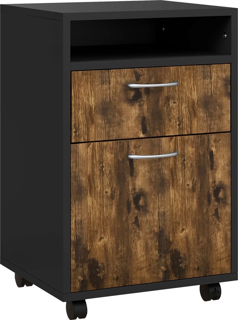 HOMCOM Dulap Birou cu 4 Roți, Raft Deschis și 2 Sertare, Mobilier de Birou din Lemn și Metal, 40x35x60 cm, Maro | Aosom Romania