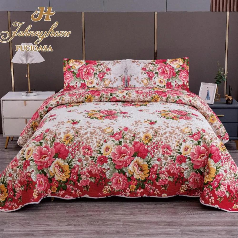 Cuvertura pentru pat dublu cu 2 fete  matlasata  Bumbac Satinat Superior  Rosu  flori