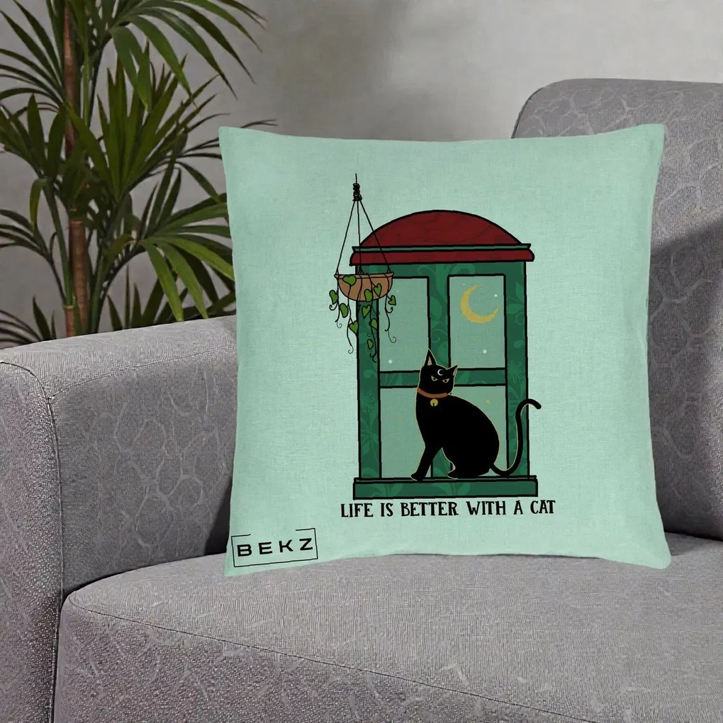 Perna Personalizata Life is Better with a Cat Geam, 40x40 cm, Verde Menta, Husa Detasabila, Perna Inclusa, BEKZ®