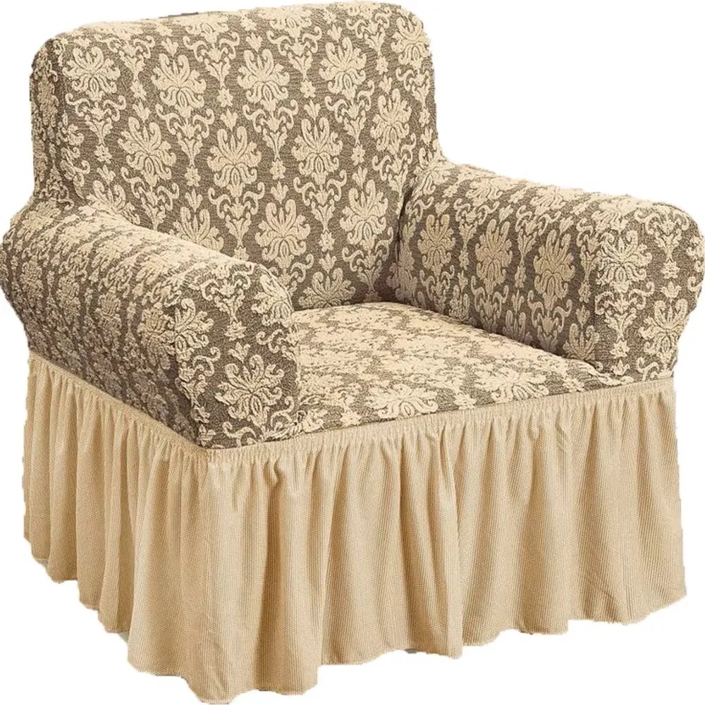 Set 2 Huse elastice pentru fotolii, cu volanas si model Jacquard Bej