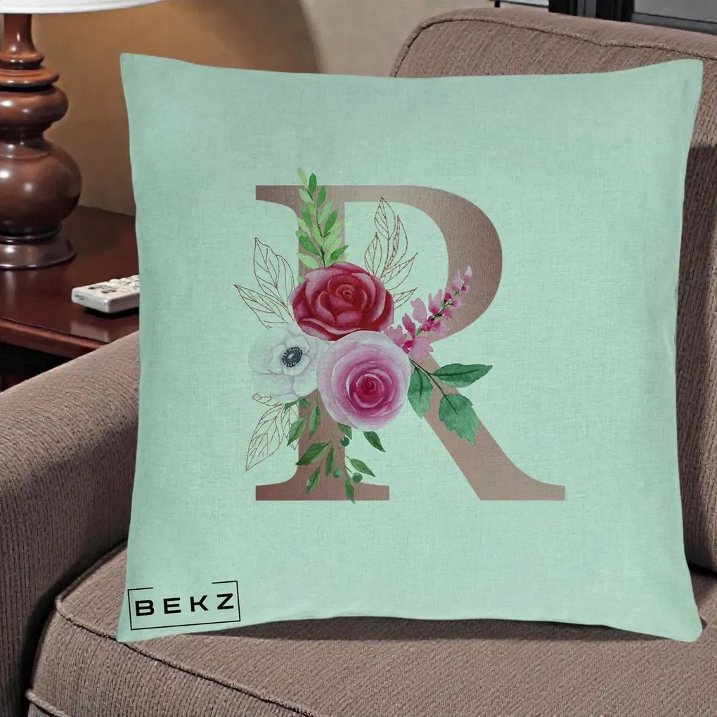 Cadou Personalizat - Perna Personalizata Monograma Rose Gold Litera R, 40x40 cm, Verde Menta, Husa Detasabila, Perna Inclusa, BEKZ®