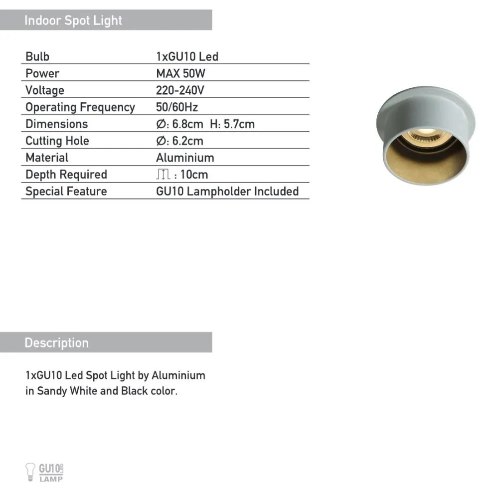 Spot incastrabil GU10 Chuck alb/negru