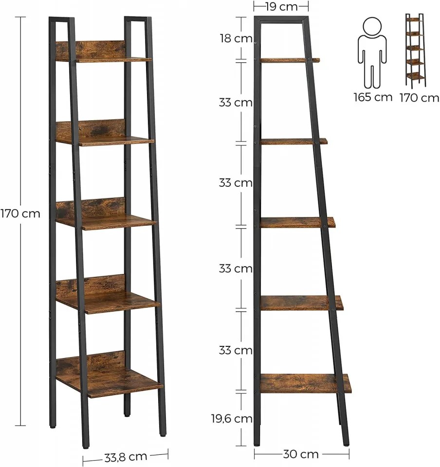 RAI30 - Rafturi 33.8x30x170 cm, pentru birou, living, hol, dormitor, stil industrial - Maro