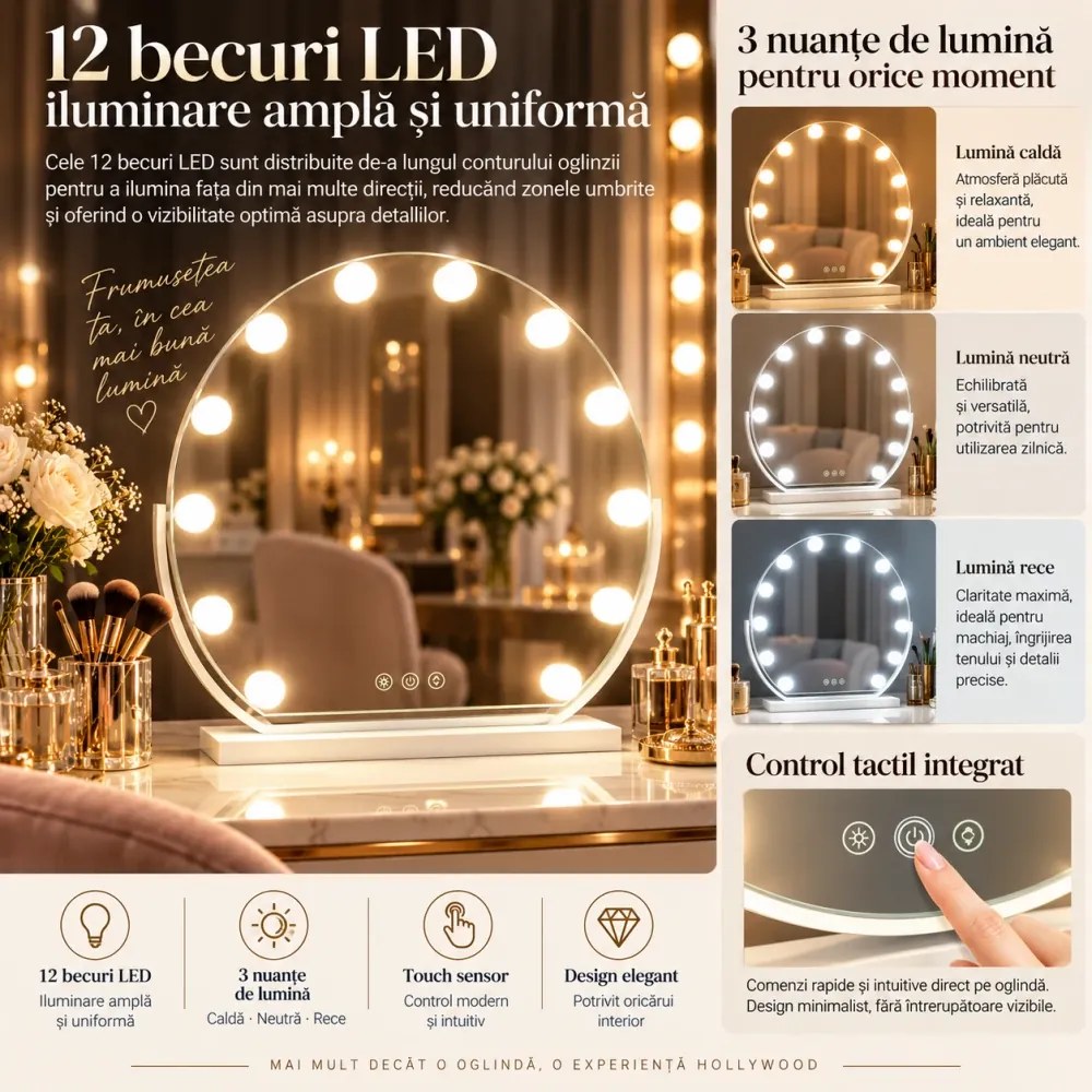 Oglindă cosmetică, sistem iluminare LED, 12 becuri, 3 culori, Senzor Tactil, Luminozitate Reglabilă, Alb