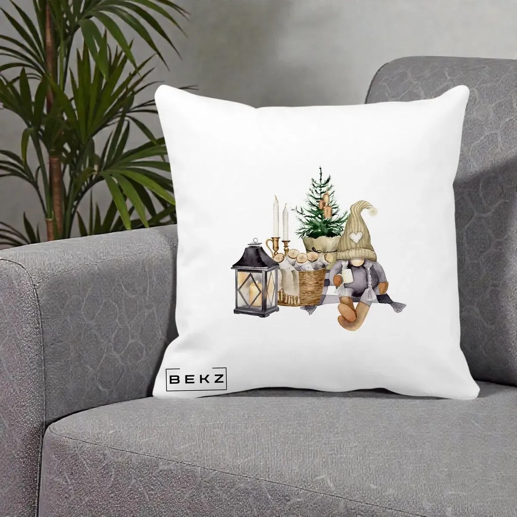 Perna Decorativa Gnom Scandinav cu Felinar, 40x40 cm, Alba Mata, Husa Detasabila, Perna Inclusa, BEKZ®