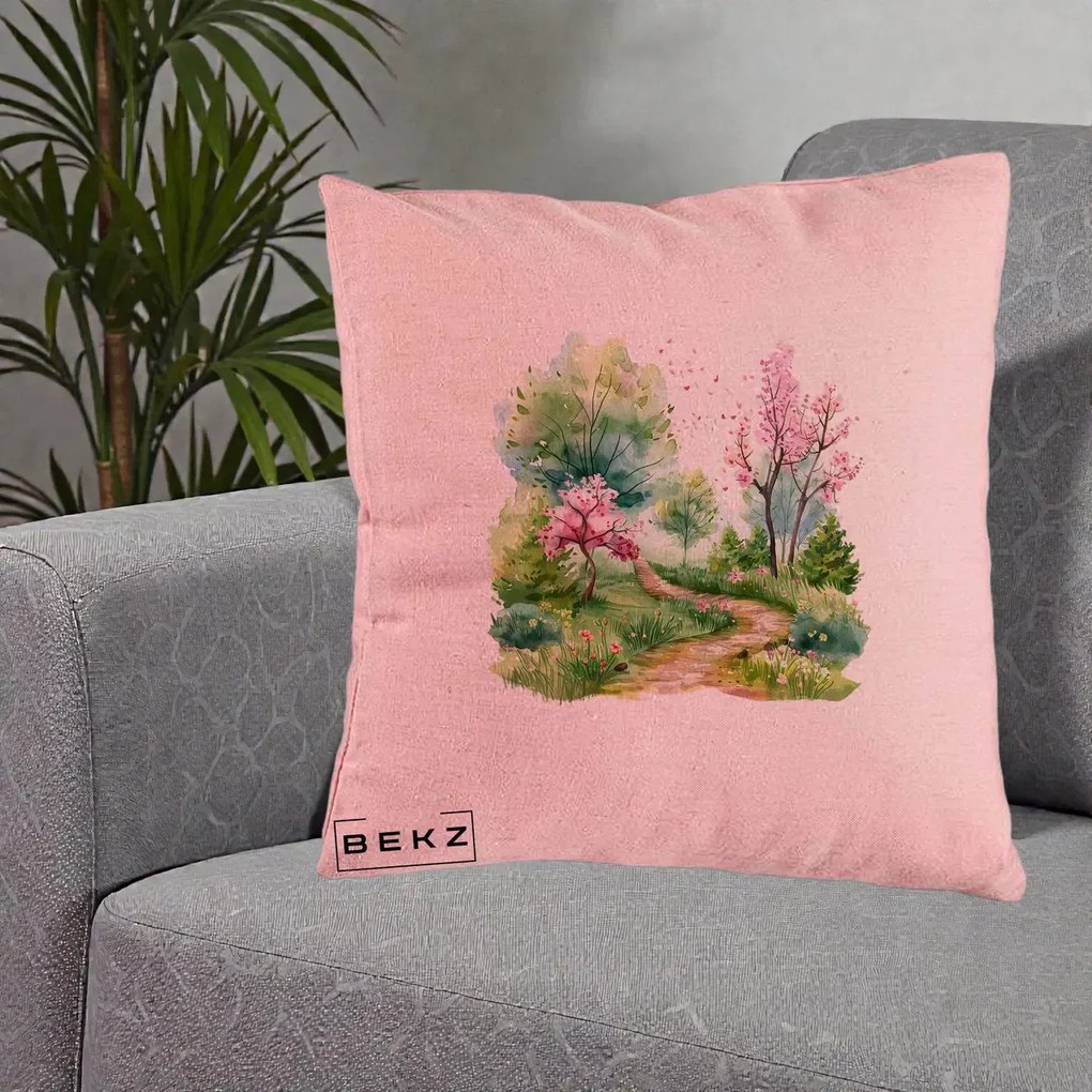 Perna Decorativa Gradina Primavara Acuarela, 40x40 cm, Roz, Husa Detasabila, Perna Inclusa, BEKZ®