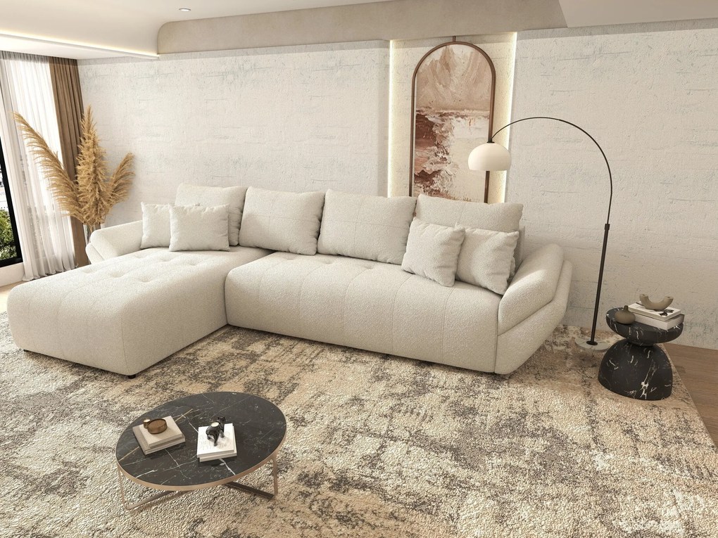 Colțar extensibil dumonde cu ladă de depozitare si sezut confortabil din spuma high-density, Berlin XL Euphoria Ivory 350x185 cm