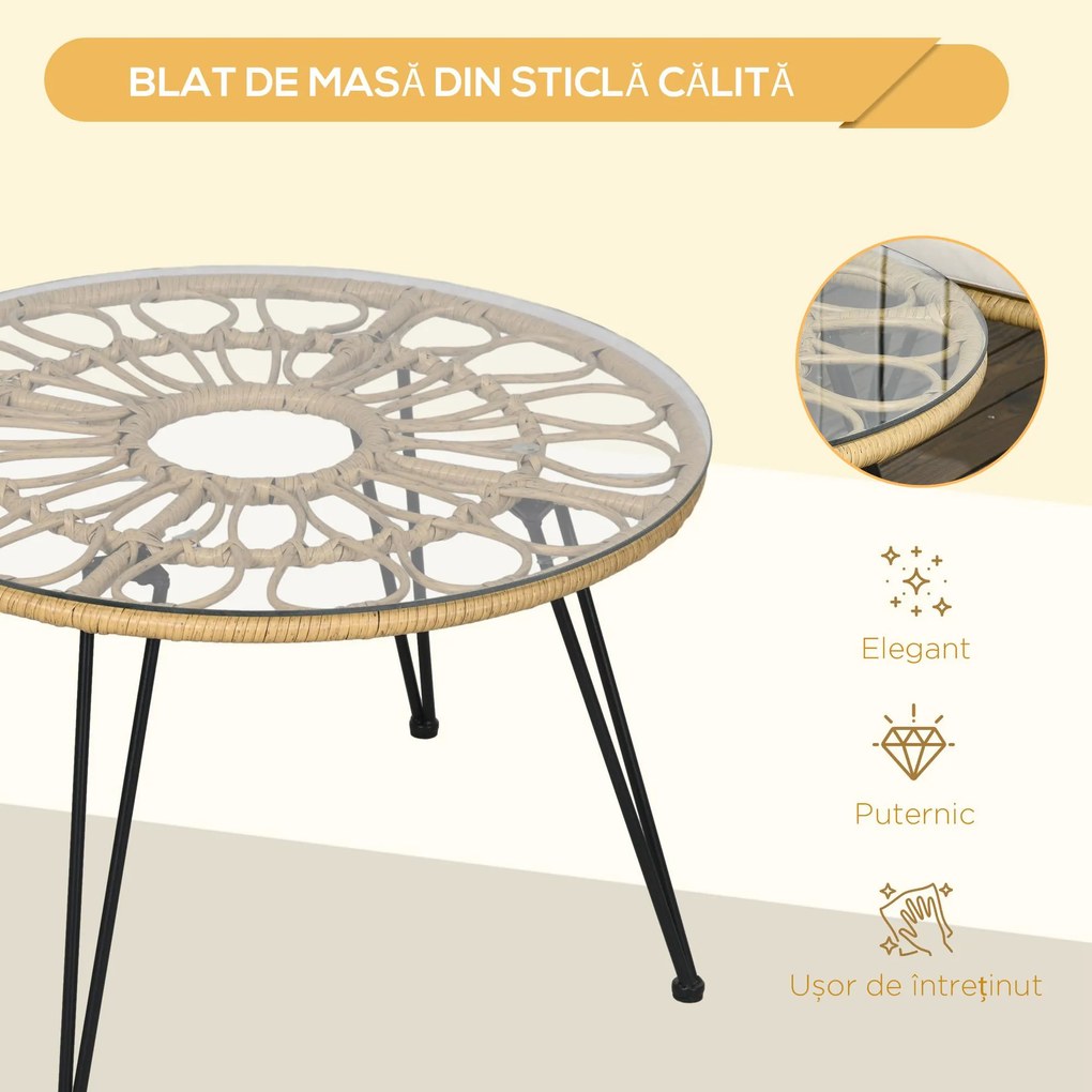 Outsunny Set Grădină din Ratan din 5 Piese, Set de Exterior cu Masă Rotundă și 4 Scaune cu Perne, 82x82x50 cm, Bej | Aosom Romania