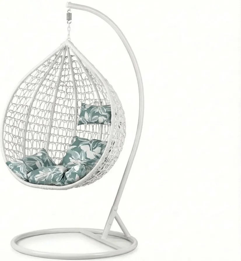 Scaun suspendat alb KOKON cu suport, perna verde-alba