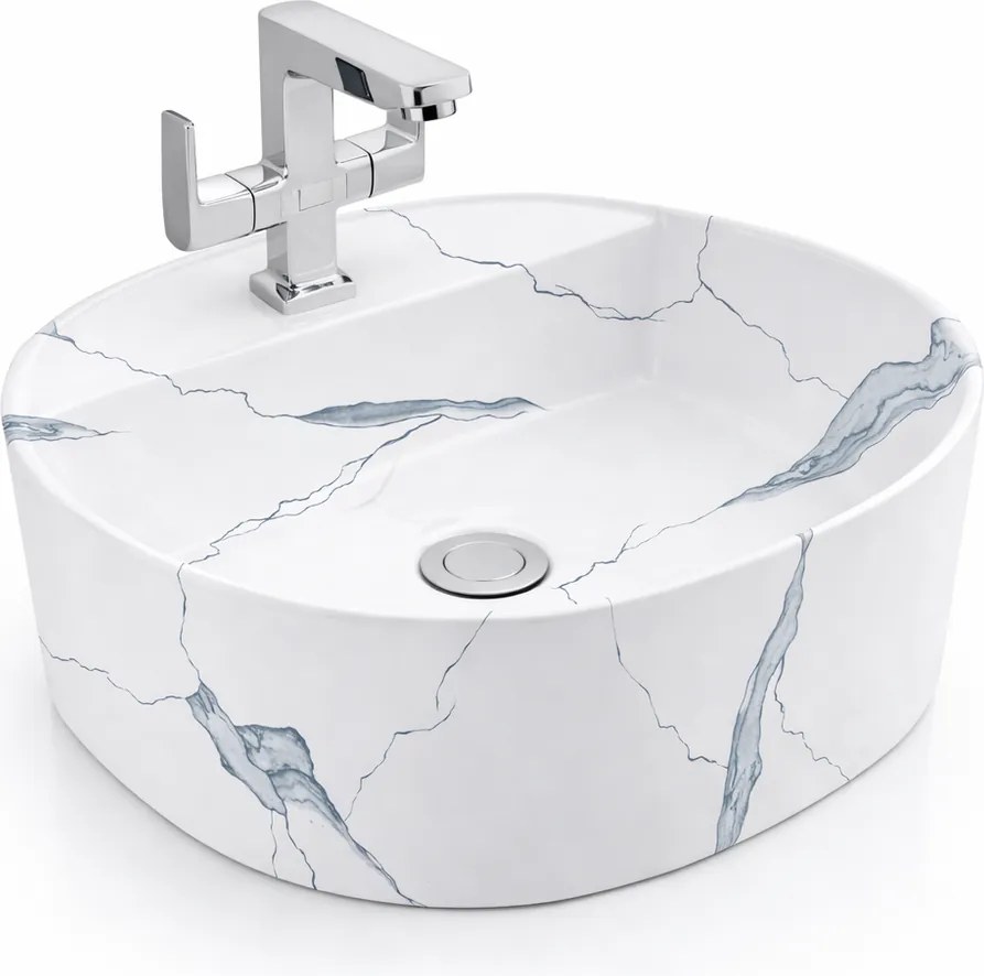 BERGAMO-M || Lavoar montat pe blat, ceramică, alb, cu model marmură, rotunjit