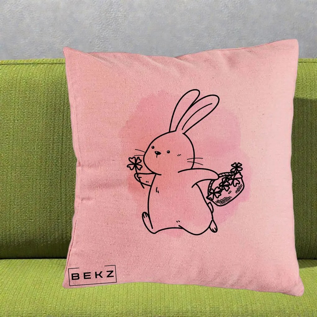 Perna Decorativa Iepuras Kawaii cu Cosulet Floral, 40x40 cm, Roz, Husa Detasabila, Perna Inclusa, BEKZ®