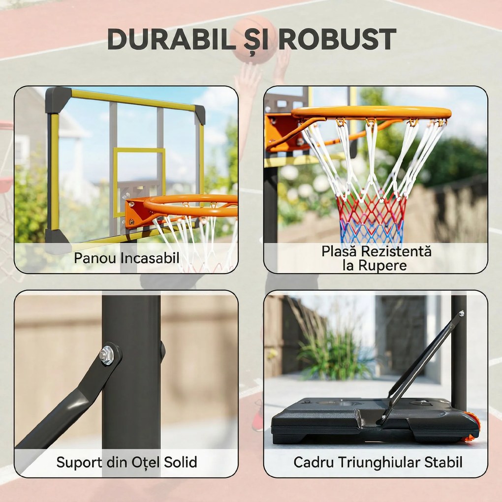 SPORTNOW Coș de Baschet pentru Copii 6-14 Ani, Coș de Baschet cu Înălțime Reglabilă, Roți și Bază Umplută, 71x46 cm, Galben | Aosom Romania