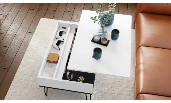 Masă de cafea HALIJA cu blat rabatabil și raft, alb/negru