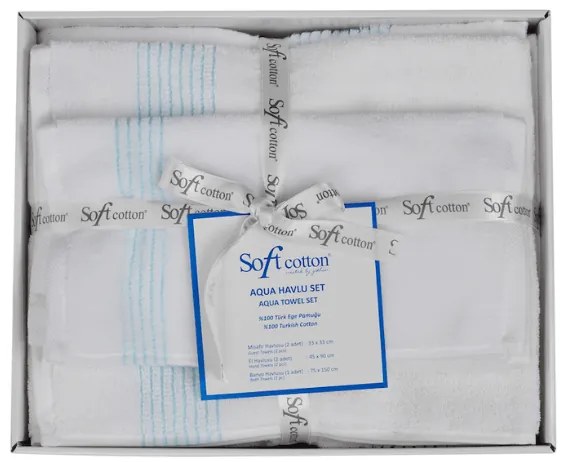 Set cadou prosoape și prosop de corp AQUA, 5 buc Alb – Broderie turcoaz Set (2 buc 33x33cm, 2 buc prosop 45x90cm, prosop de corp 75x150cm)