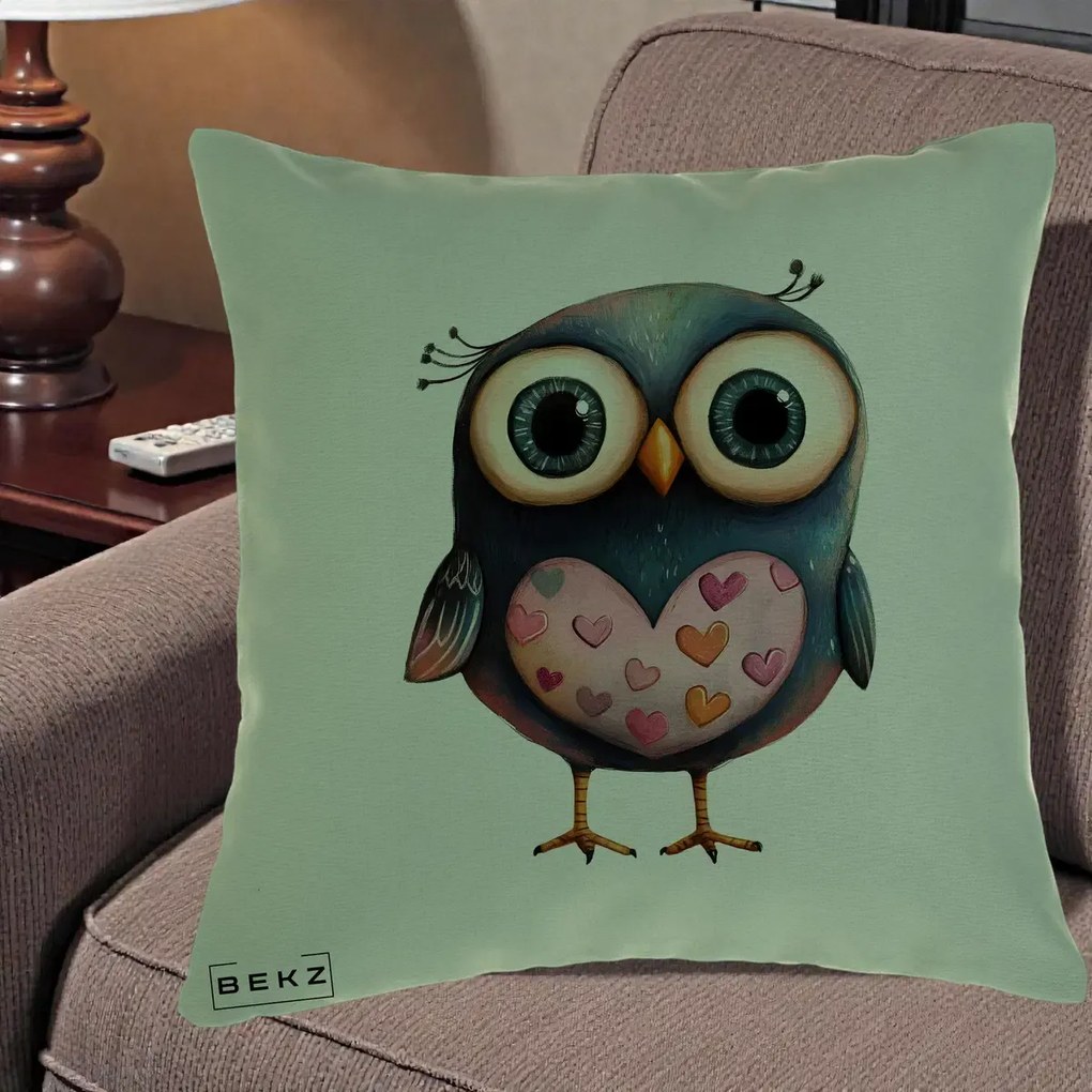 Perna Decorativa Bufnita cu Inimioare Roz, 40x40 cm, Verde, Husa Detasabila, Perna Inclusa, BEKZ®