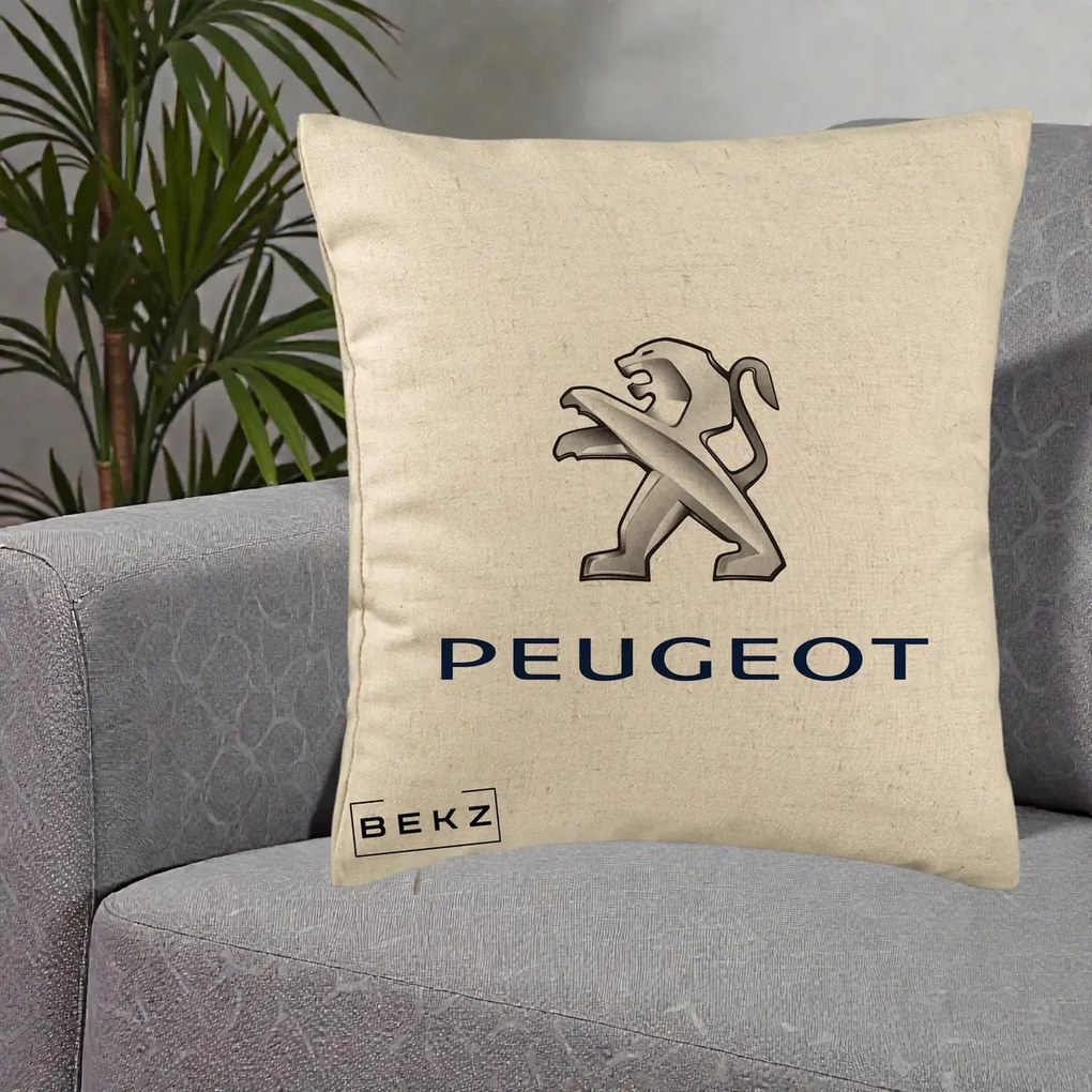Perna Personalizata cu emblema Peugeot, 40x40 cm, Bej, Husa Detasabila, Perna Inclusa, BEKZ®