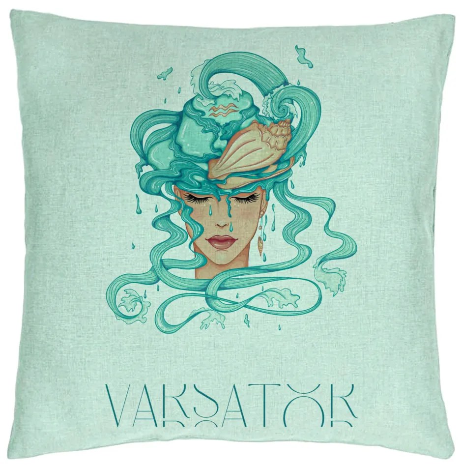 Perna Decorativa, Model Zodia Varsator, 40x40 cm, Verde Menta, Husa Detasabila, Burduf