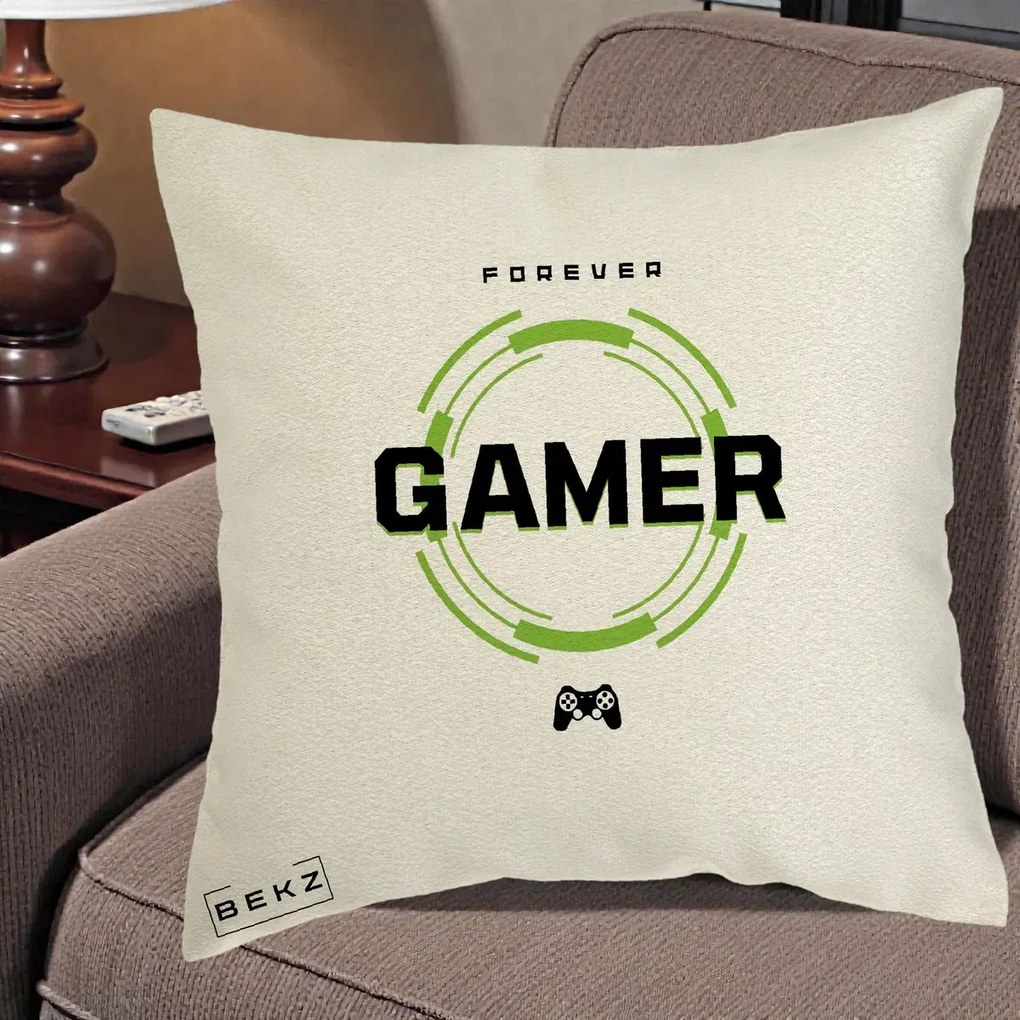 Perna Personalizata Forever Gamer, 40x40 cm, Ecru, Husa Detasabila, Perna Inclusa, BEKZ®