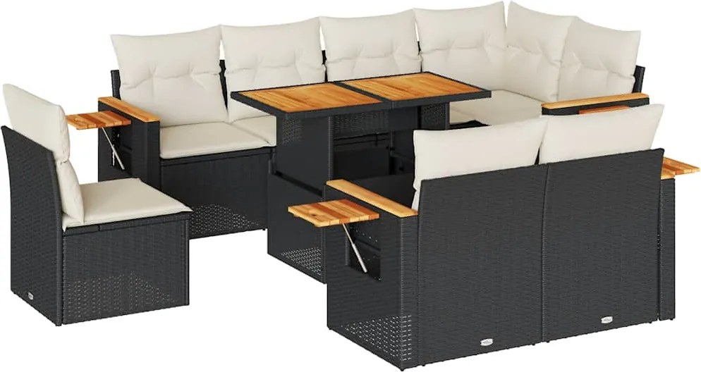 vidaXL Set mobilier grădină perne 9 piese negru poliratan/lemn acacia