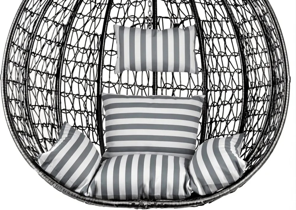 Scaun suspendat negru KOKON cu suport, perna alb-gri