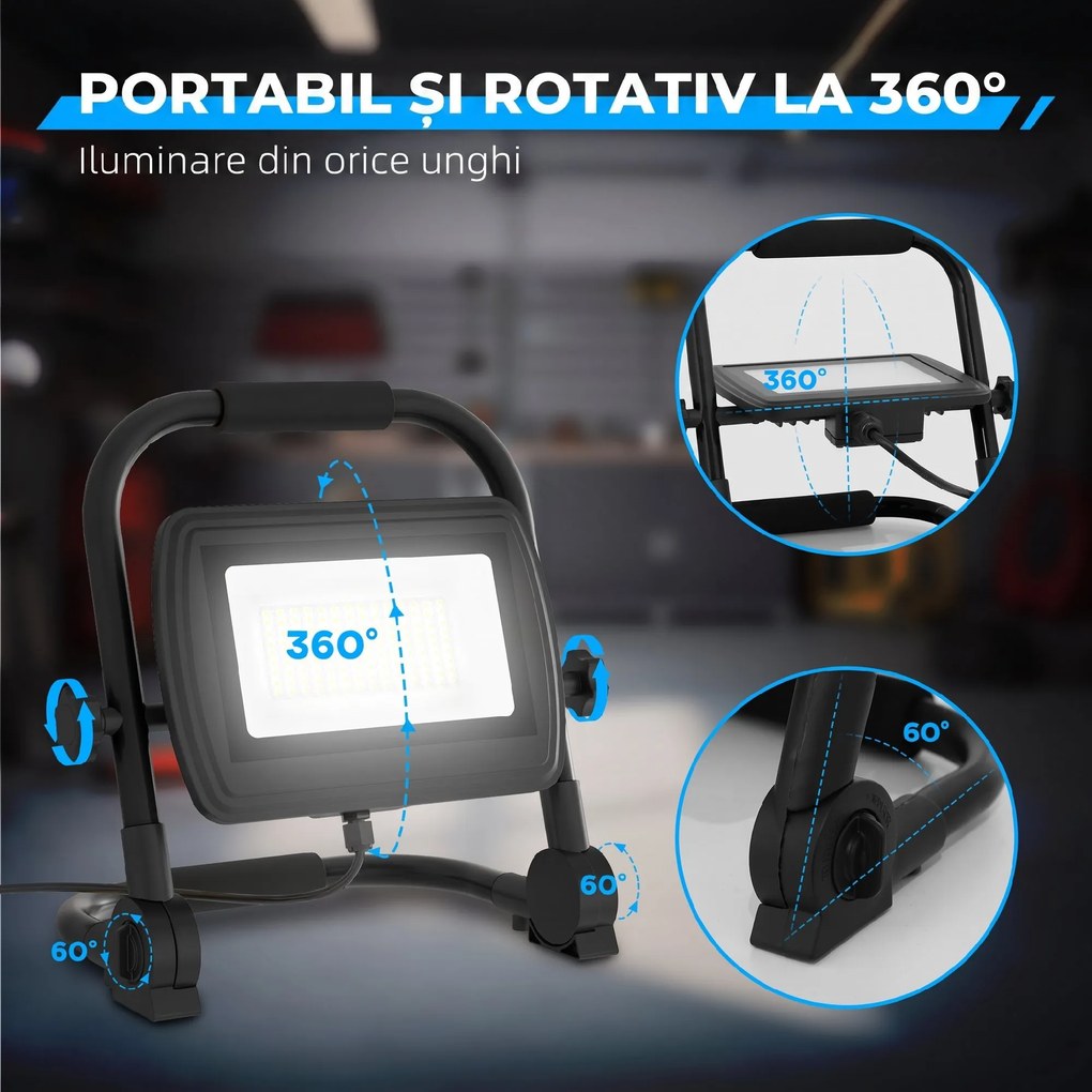 HOMCOM Lampă de Lucru LED, Portabilă și Rezistentă la Intemperii, 25,5x16x25,5 cm, Negru | Aosom Romania