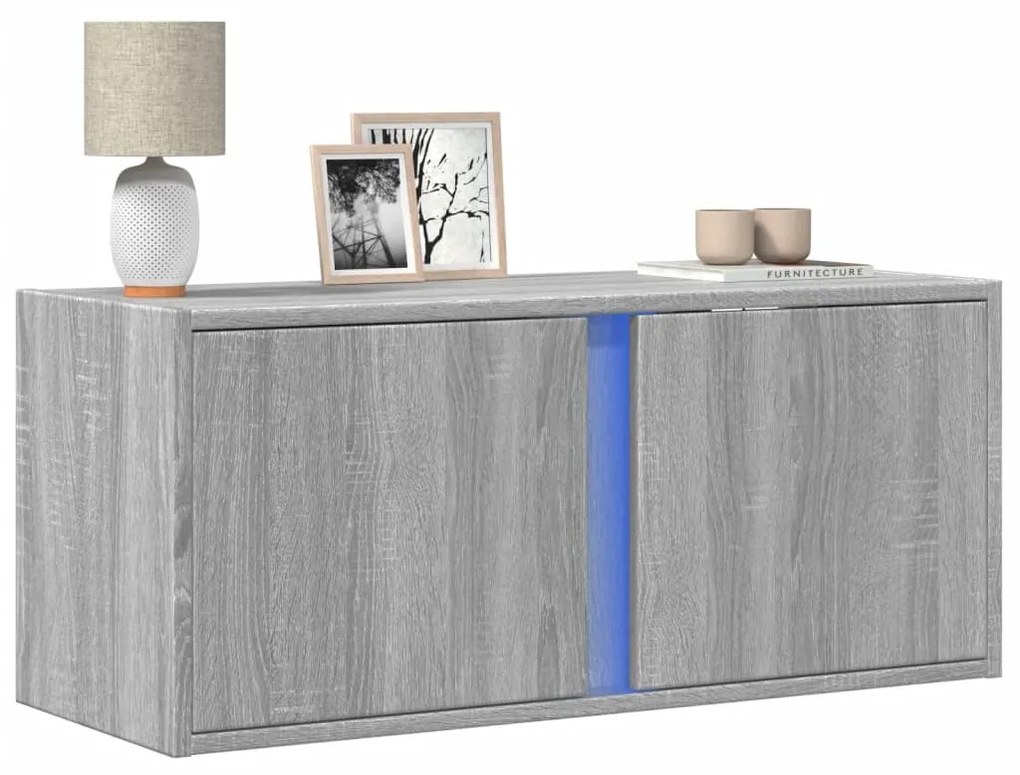 vidaXL Comodă TV de perete cu lumini LED, gri sonoma, 80x31x35 cm