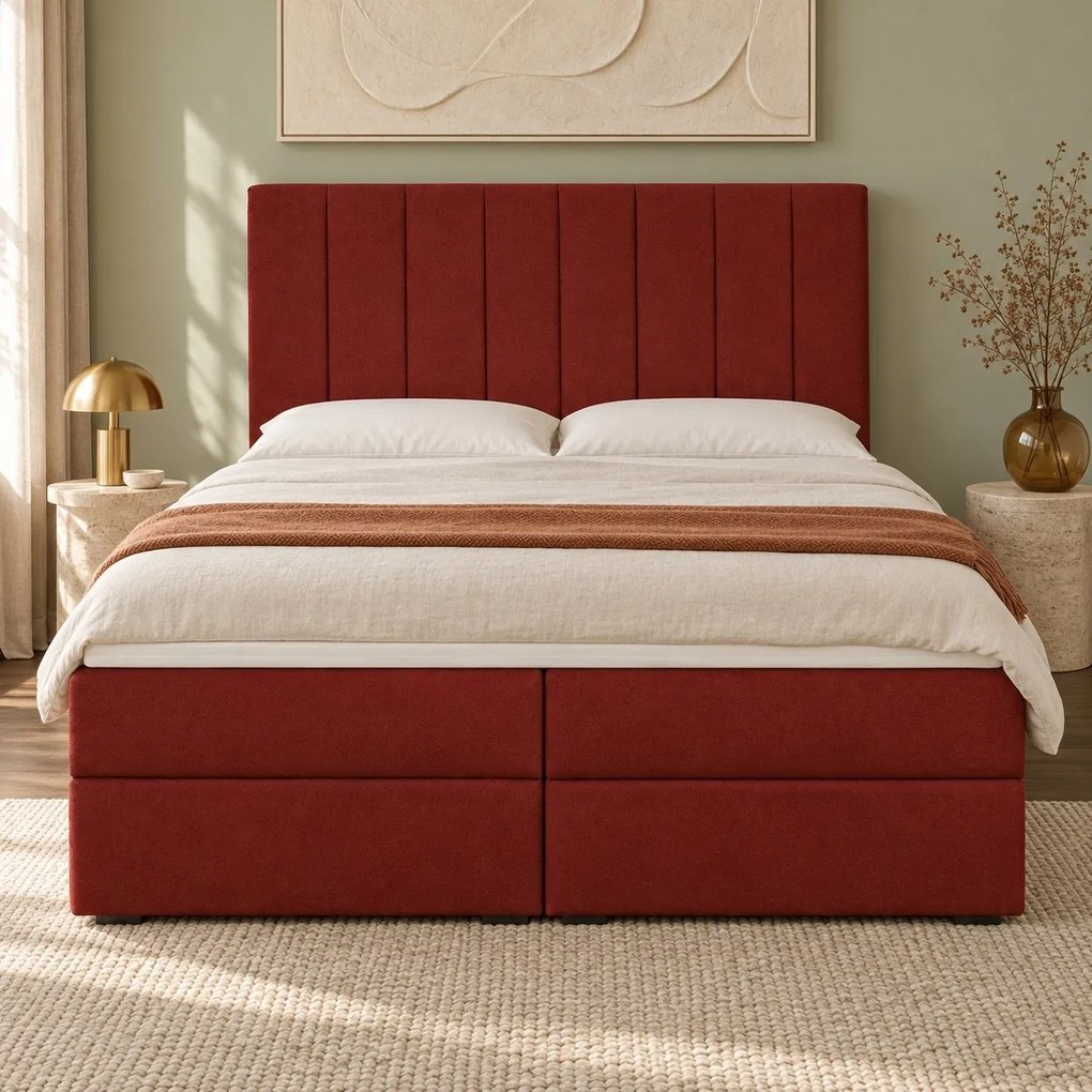 Pat boxspring din catifea Novella cu ladă 140×200 cm, roșu
