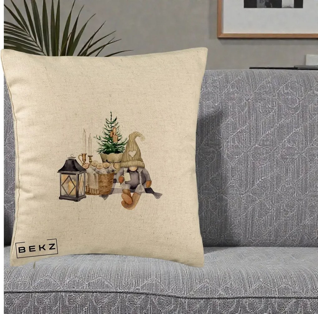 Perna Decorativa Gnom Scandinav cu Felinar, 40x40 cm, Bej, Husa Detasabila, Perna Inclusa, BEKZ®