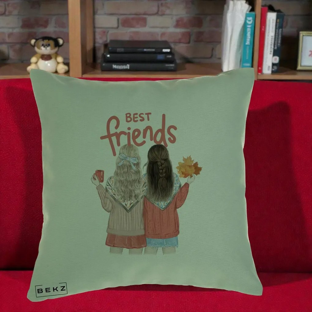 Cadou pentru Prieteni - Perna Personalizata Best Friends Toamna, 40x40 cm, Verde, Husa Detasabila, Perna Inclusa, BEKZ®