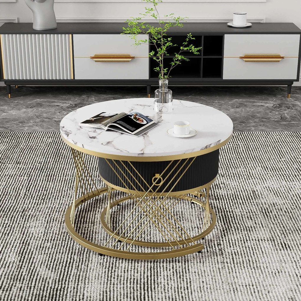 Set de 2 Măsuțe de Cafea Moderne Modulare din Marmură Sintetică cu Detalii Aurii și Sertare, Dimensiuni 70x70x45 cm și 50x50x40 cm, Alb