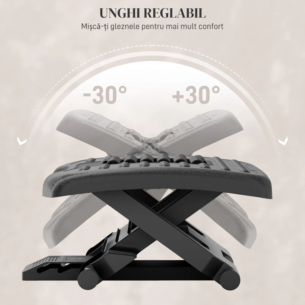 HOMCOM Suport Ergonomic pentru Picioare cu Role de Masaj, Antiderapant și Reglabil pe 3 Înălțimi, 46x35x17 cm, Negru | Aosom Romania