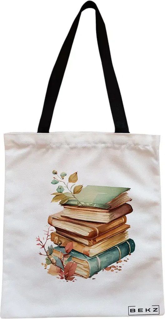 Sacosa de Panza pentru Cumparaturi, Geanta Tote, model Pile of Books, Cu fermoar, 38x34.5 cm, Alba, BEKZ®