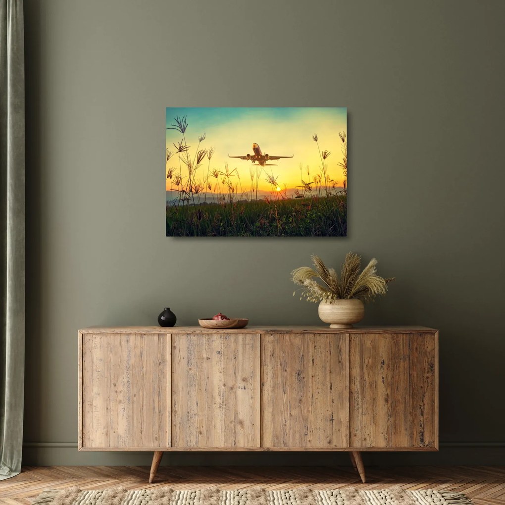 Tablou pe sticlă cu avionul ridicându-se spre zbor (70x50 cm)