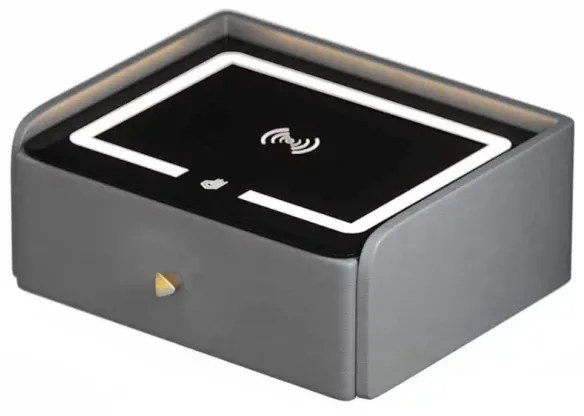 Noptieră inteligentă cu &icirc;ncărcare wireless, iluminare LED, 1 sertar de depozitare &ndash; gri antracit, design modern din sticlă și lemn