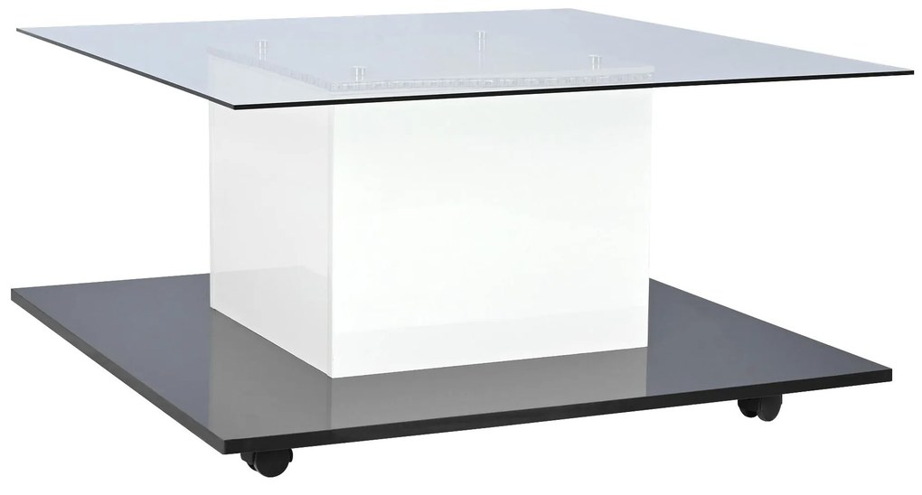 Măsuță de cafea modernă din sticlă lucioasă cu bandă LED reglabilă și roți pivotante, 80×80×40 cm, Alb+Negru