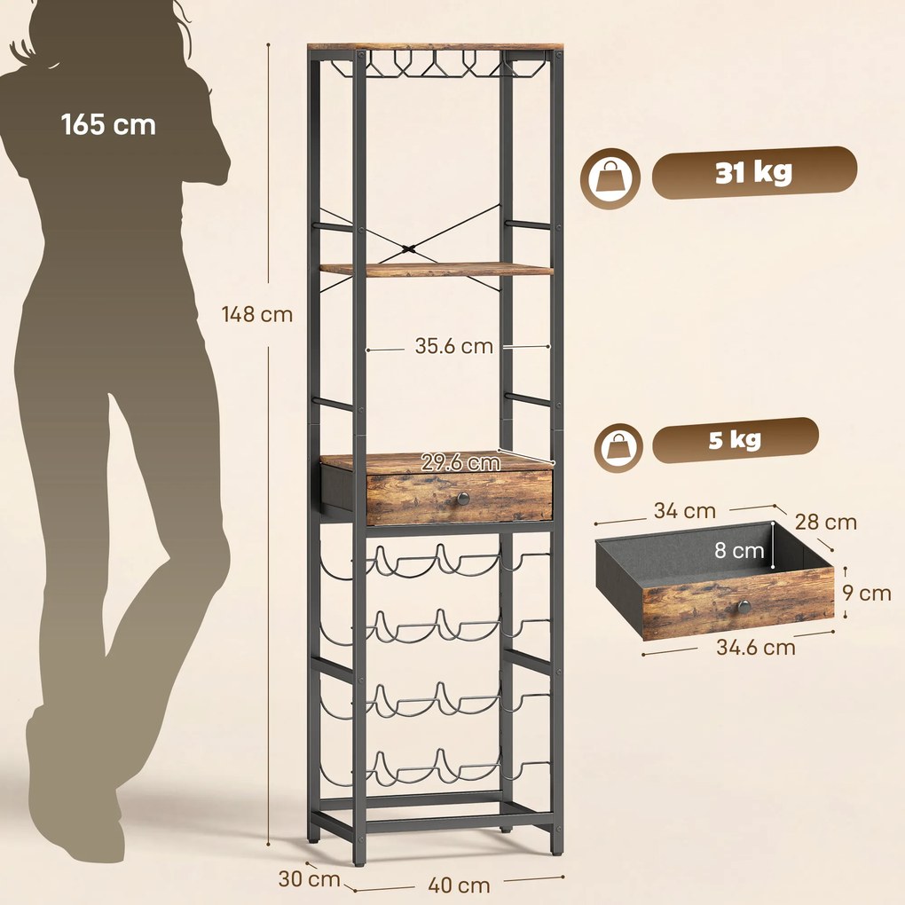 HOMCOM Dulap de Bar, Mobilier de Bar cu Sertar și Suport pentru Pahare, Maro Rustic | Aosom Romania