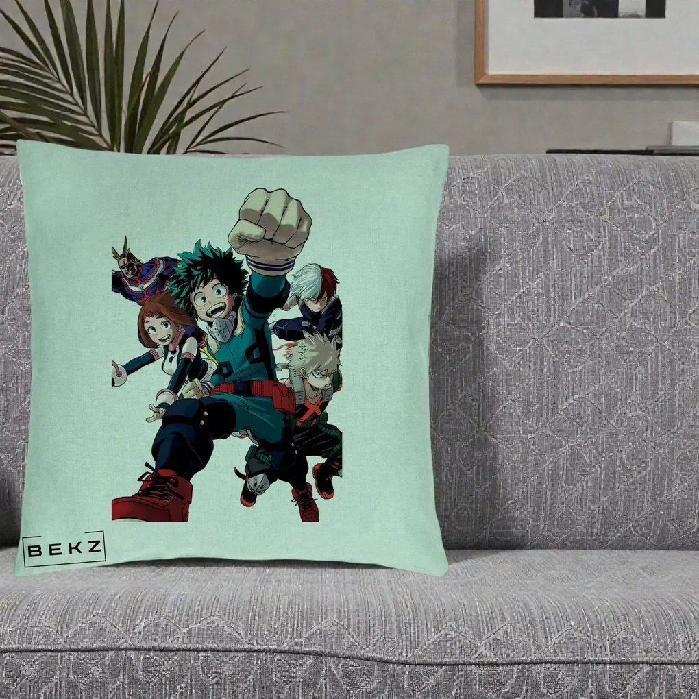 Perna Personalizata My Hero Academia Izuku Deku si Echipa, 40x40 cm, Verde Menta, Husa Detasabila, Perna Inclusa, BEKZ®