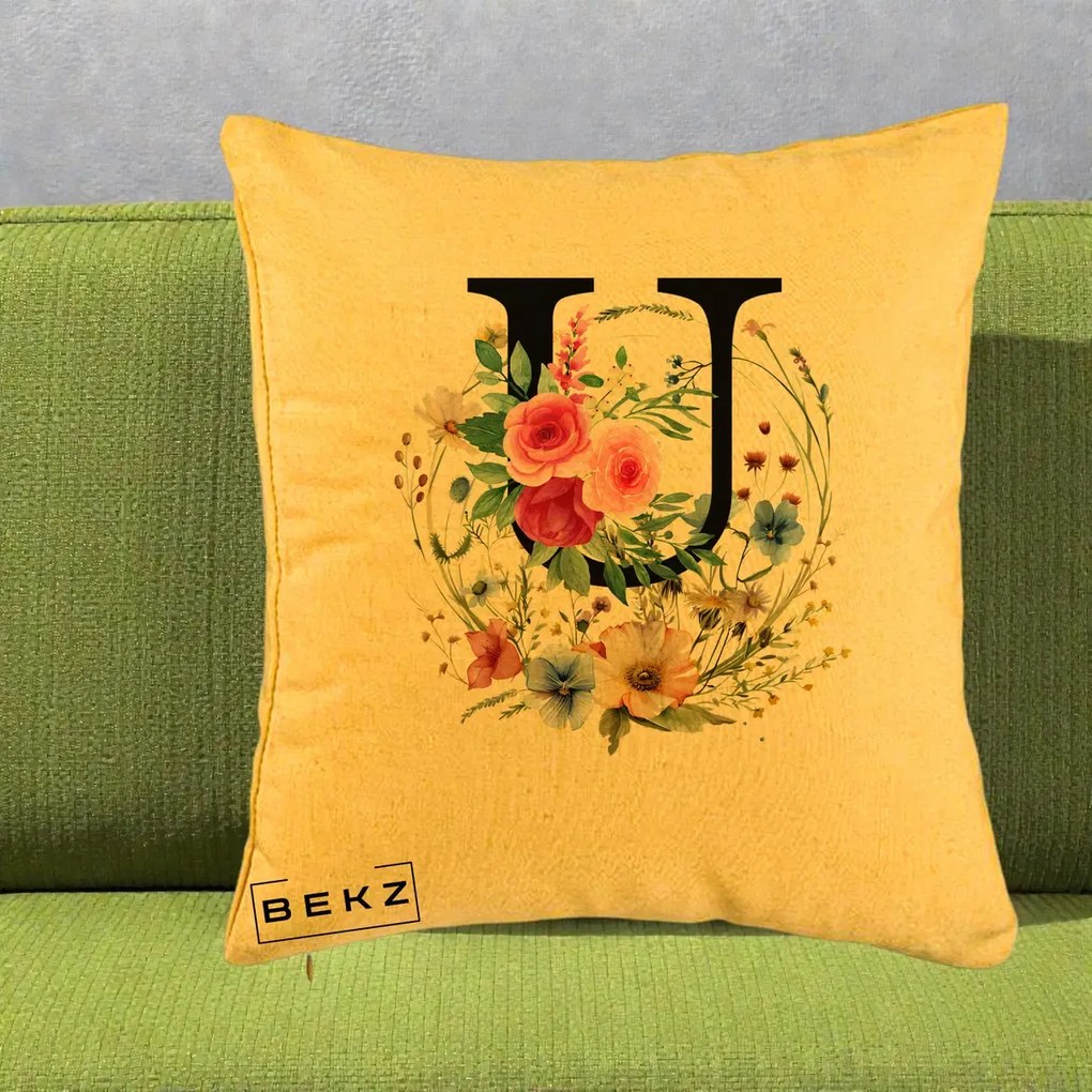 Cadou Personalizat - Perna Personalizata Monogram Litera U cu Flori Acuarela, 40x40 cm, Galben, Husa Detasabila, Perna Inclusa, BEKZ®