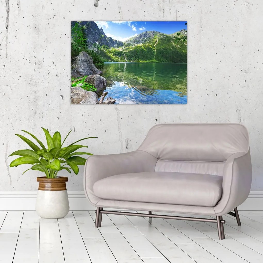 Tablou pe sticlă cu lac în munții Tatra (70x50 cm)