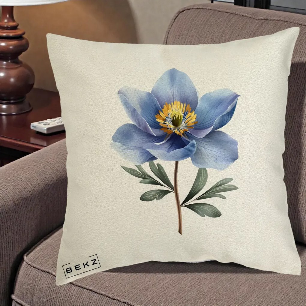 Perna Decorativa Anemona Albastra Botanica, 40x40 cm, Ecru, Husa Detasabila, Perna Inclusa, BEKZ®