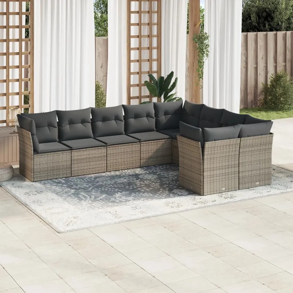 vidaXL Set canapele de grădină, 9 piese, cu perne, gri, poliratan