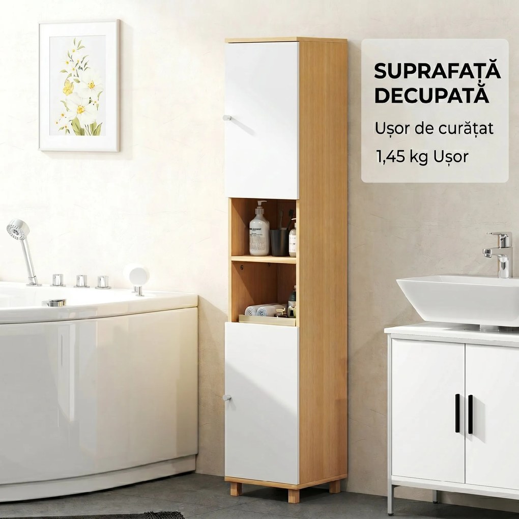 HOMCOM Dulap de Baie înalt cu Uși, 2 Rafturi Deschise, 2 Dulapuri, Dulap de Baie Economisitor de Spațiu cu Rafturi Reglabile pentru Sala de Mese Sufragerie, 30x30x166 cm, Alb și Lemn | Aosom Romania